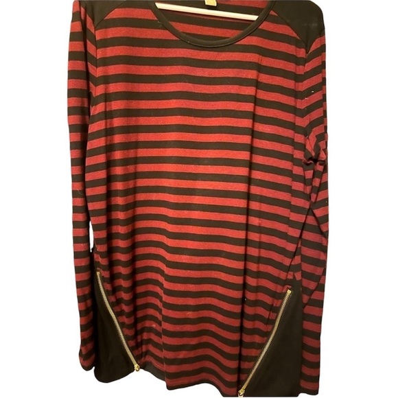 Michael Kors Long Sleeve Stripe Gold Side-Zipper Detail Shirt Blouse - Picture 1 of 5